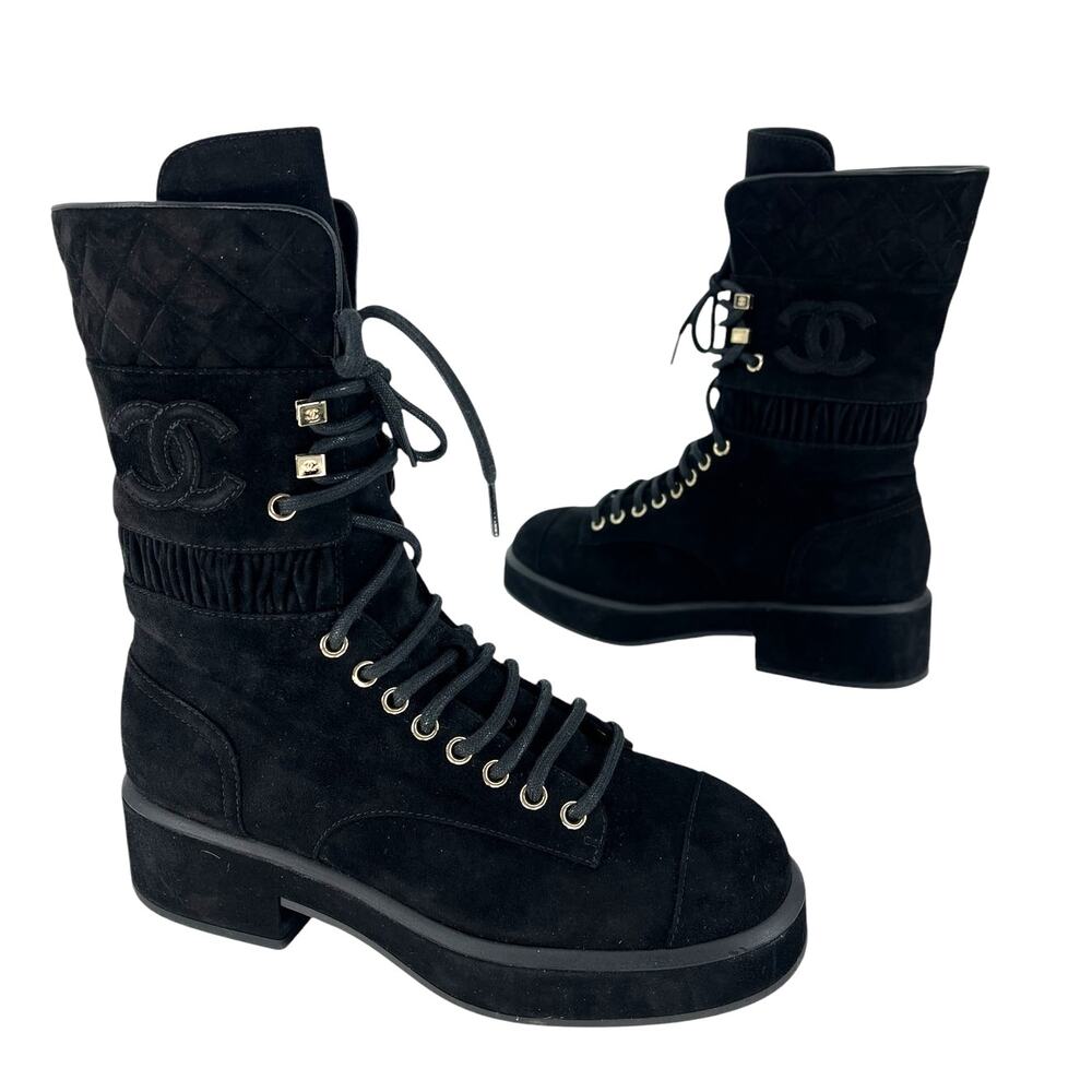 Chanel CC Suede Quilted Lace Up Combat Cap Toe Boots in Black - Picture 2 of 16